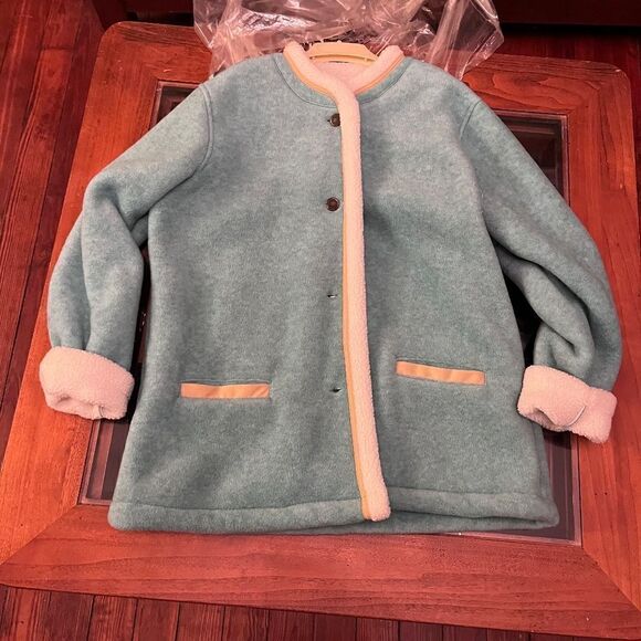 NEW Denim & Company Large Winter Coat Jacket 2 Pockets Fuzzy Button Turquose - Picture 1 of 15